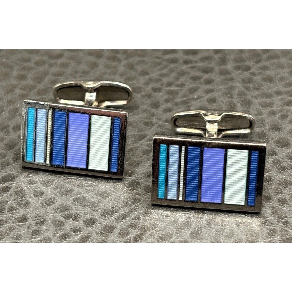 Vintage Blue Striped Enamel Rectangular Cufflinks Silver Tone